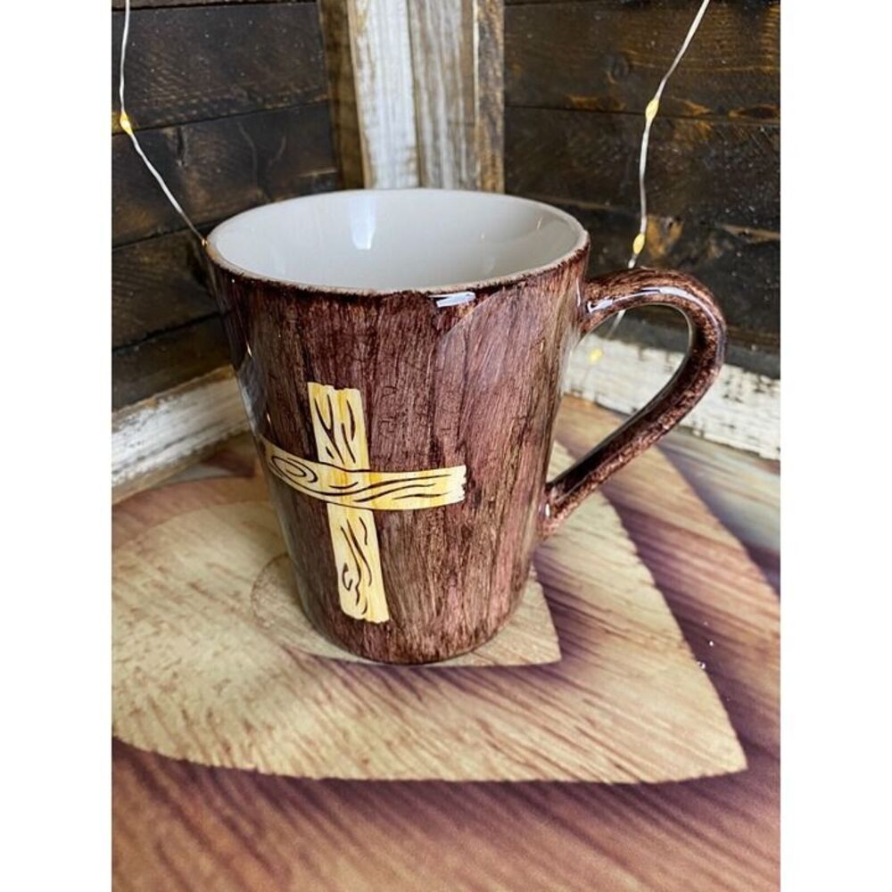 Rustic Woodgrain Faith Themed Peek A Boo Coffee Tea Cup Mug 4.5 X 3.5 in